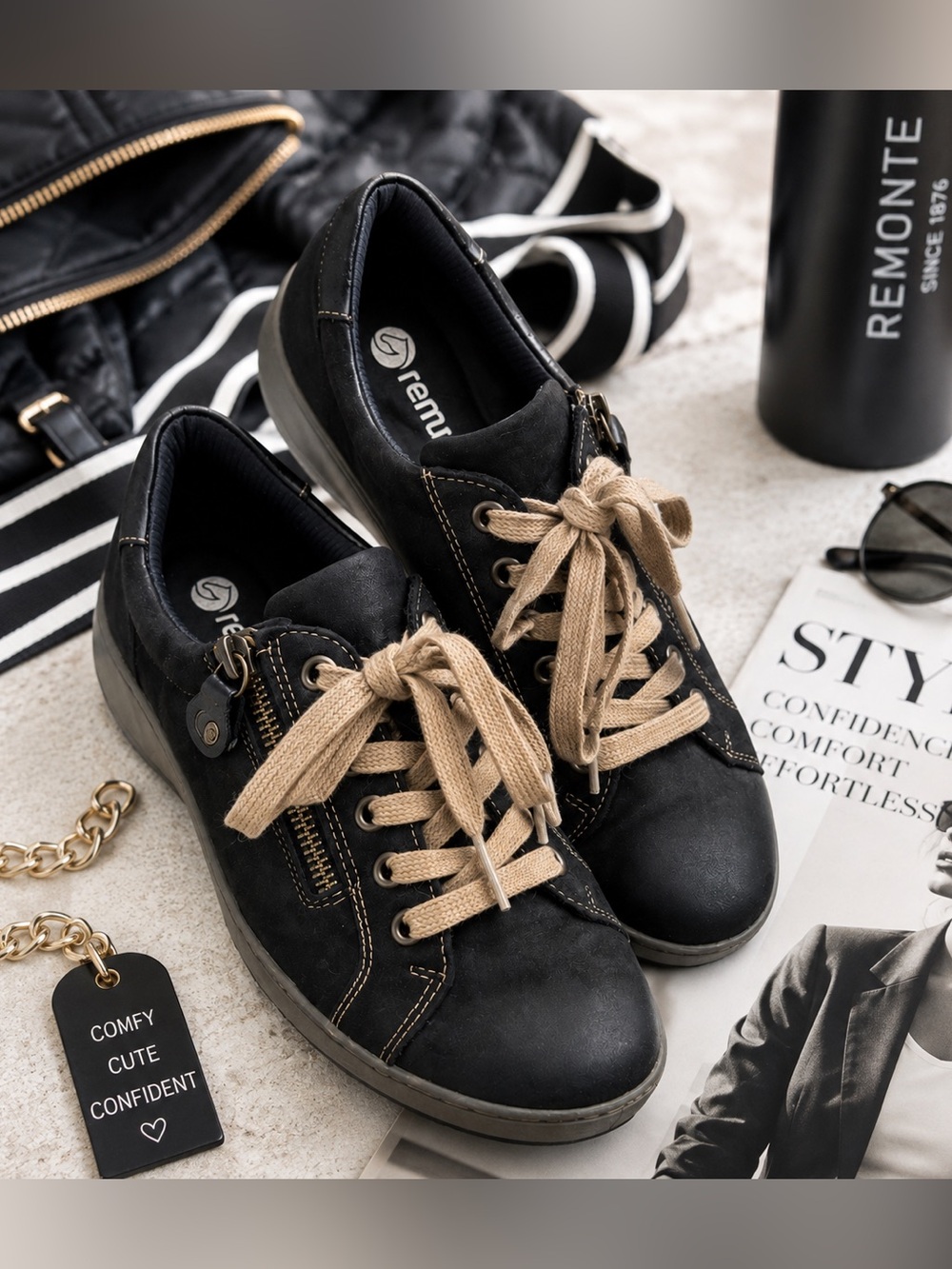 Remonte Liv R1432-01 Black Leather Sneakers Side Zip Comfort Shoes 38/7.5
